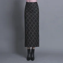 Новая модная женская юбка Клетчатая Шерстяная Юбка с завязками на попе юбка с высокой талией юбка с Боковым Разрезом утолщенная одношаговая юбка