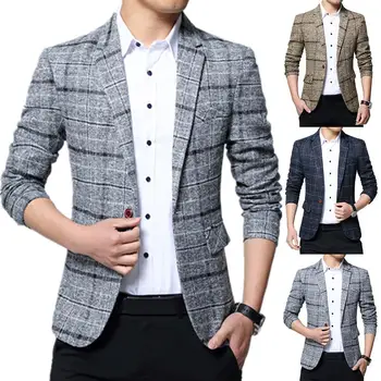 

Fashion Men Plaid Lapel Sliming Blazer Jacket Coat One Button Business Suit