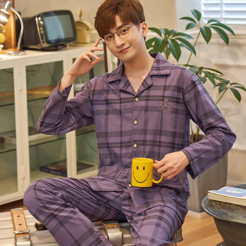 Spring Autumn Knitted Cotton Cartoon Men's Pyjamas Striped Pajamas Set Casual Male Sleepwear Pyjama Night Pijamas 3XL Homewear mens sleep wear Pajama Sets