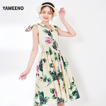 

Spring And Summer 2020 New Sweet Rose Print Vest Cotton Elastic Waist Collect Waist Holiday Vacation Party Female Midi Dress