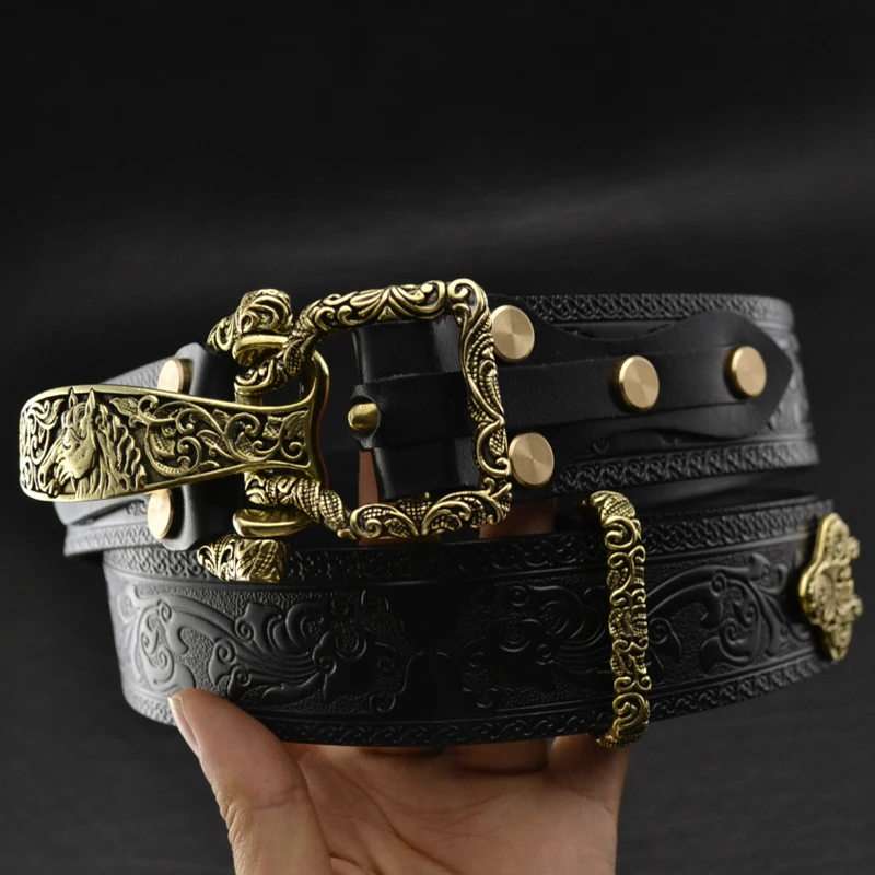 

Designer knight Brass Cavalry Belt cow genuine leather luxury strap male belts for men for Men DIY punk Waistband Jeans Leather