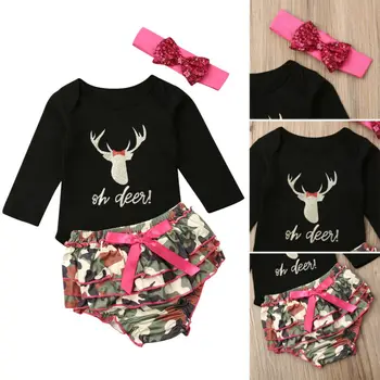 

CANIS Autumn Newborn Baby Girls Deer Letter Printed Long Sleeve Tops+Bowknot Camouflage Shorts+Headband 3pcs Set