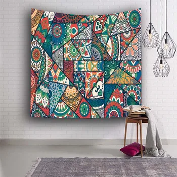 

Colorful Psychedelic Tapestry Red Geometric Lattice Rectangle Ring Padded Home Living Room Large Fiber Decoration Wall Hanging