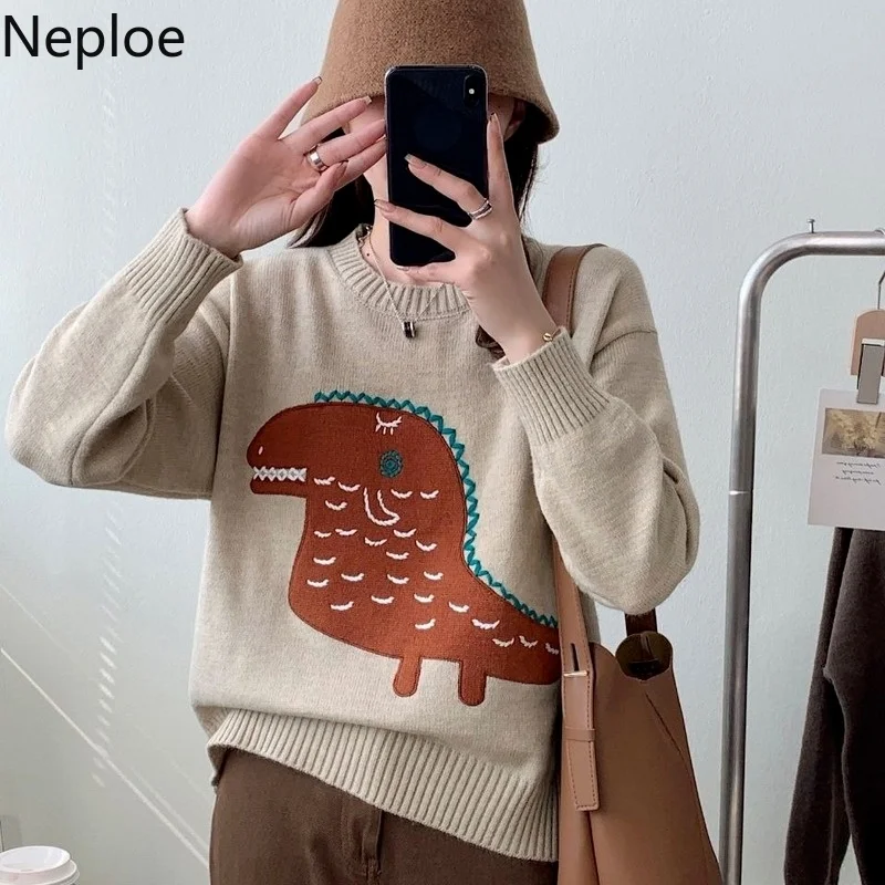 Новые корейские пуловеры Neploe топы Женский вязаный свитер с вышивкой динозавра