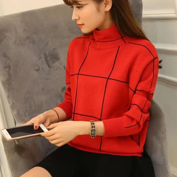 

2019 Spring autumn Loose women pullover sweater thick Half-necked knitting sweater Warm Plaid bottoming shirt Tops cc954