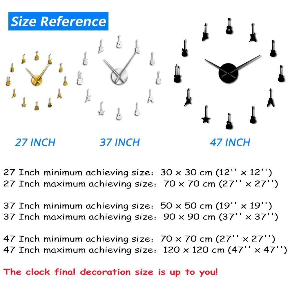 Гитара разнообразие музыки DIY гигантские настенные часы музыкальный декор комнаты бескаркасные большие иглы большие настенные часы рок-н-ролл гитарные настенные часы