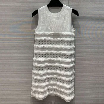 

Brand Fashion Women High-end Luxury Summer Elegant Slim Ladies Knitted Hollow Wooden Ear Sleeveless Dress