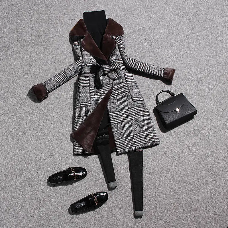 Женское длинное клетчатое тонкое шерстяное пальто теплое флисовое пальто