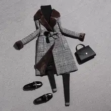 Женское длинное клетчатое тонкое шерстяное пальто теплое флисовое пальто