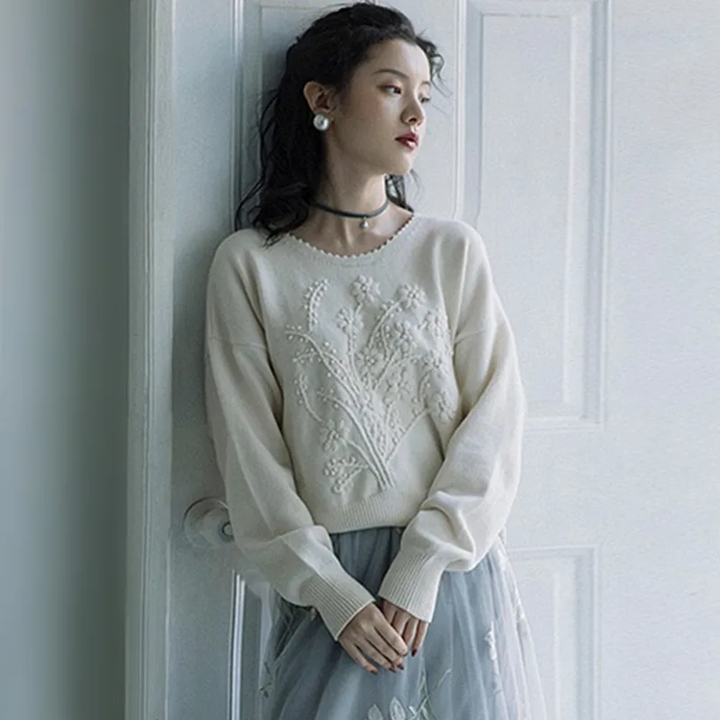 Japanese Style Mori Girl Hand Crochet Solid Flower Embroidery Sweater Women Winter Knitted Pullover Sweaters Jumpers Ladies | Женская