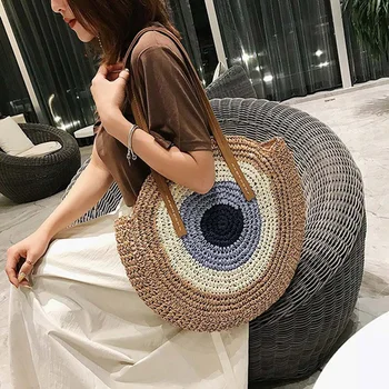 

LKEEP Hand-woven Round Woman's Shoulder Bag Handbag Bohemian Summer Straw Beach Bag Travel Shopping Female Tote Wicker Bags