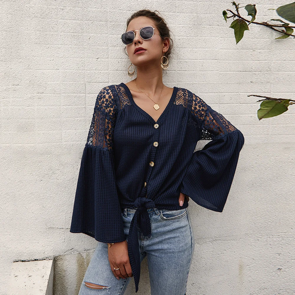 

Women Tops Ladies Blouse Party Summer V-Neck Fashion Shirt Flare Button Down Tops