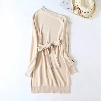 

Women Slash Neck Knit Mini Loose Dress Autumn Solid Long Sleeve Sweater Dress With Sashes Asymmetric Sweater Short Dress