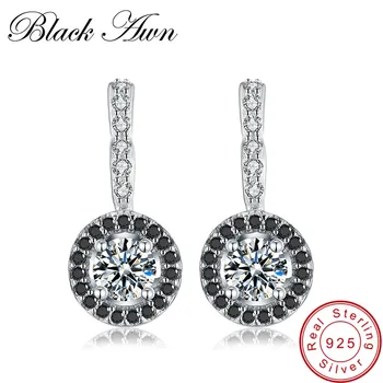 

[BLACK AWN] 925 Sterling Silver Jewelry Engagement Hoop Earrings for Women Black Spinel Stone Bijoux Silver 925 Jewelry T001