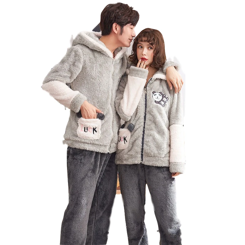 

Autumn And Winter Coral Fleece Couple Pajamas Long-Sleeved Men And Women Plus Velvet Cartoon Home Service Flannel Thickening Sui