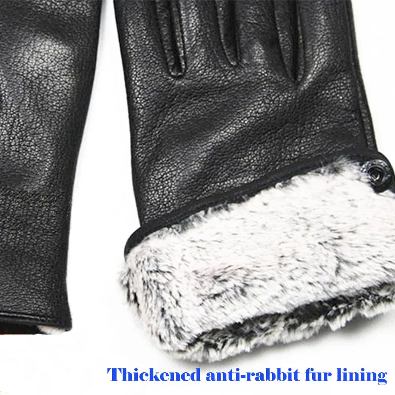 Deerskin Gloves Men's Leather Straight Style Thick Imitation Rabbit Hair Lining Autumn and Winter Cold Warm Outdoor Riding