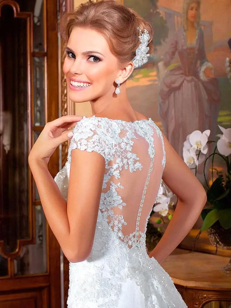 Vestido De Noiva элегантное ТРАПЕЦИЕВИДНОЕ длинное кружевное свадебное платье с аппликацией, прозрачное сзади, индивидуальные платья для матери невесты
