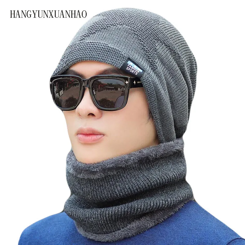 

2019 New High Quality Winter Knitted Beanie Scarf 2-piece Set Thick Lining Velvet Men Hat Visor Warm Dad Hat Soft Balaclava
