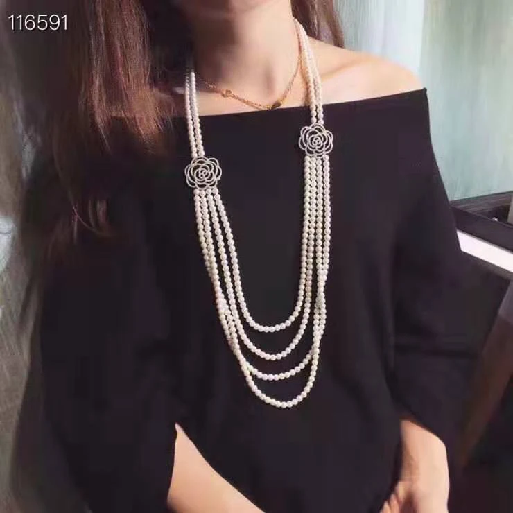 

2019 New Fashion Pearls Acrylic Beads Flowers Clovers Double Multilayer Chain Necklace Women Long Sweater Chain choker