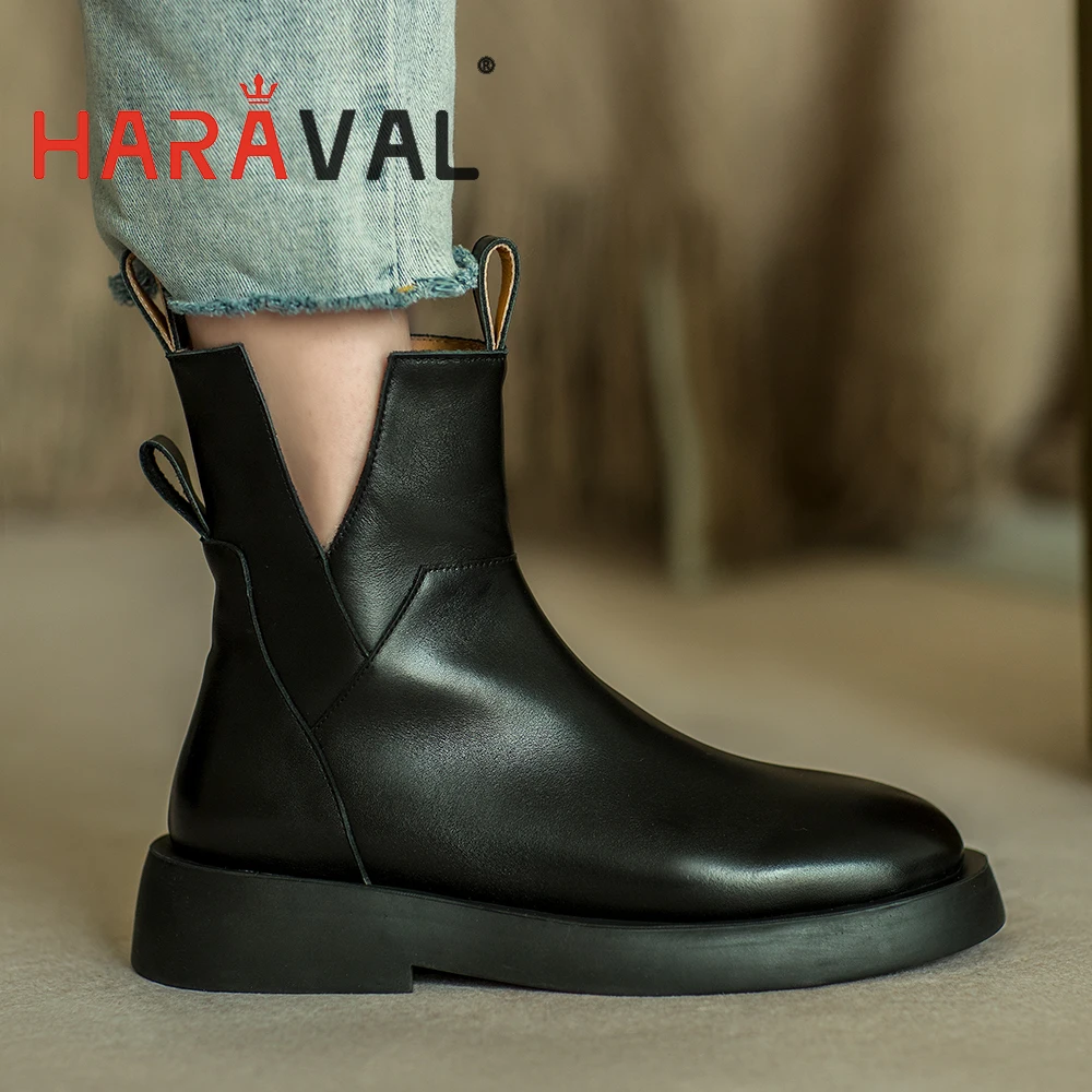 

HARAVAL Women Flat Black Ankle Boots Zipper Without Lace Up Platform Leather Shoes Autumn Winter Fashion Footwear For Lady E214L