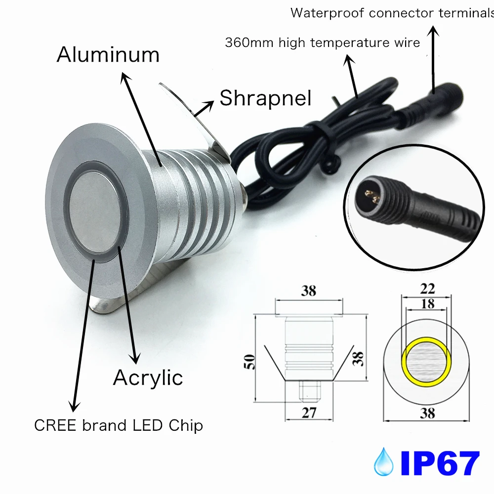 IP67  LED  Ʈ     ڳ , ǳ ߿    , 12-24V, 1W