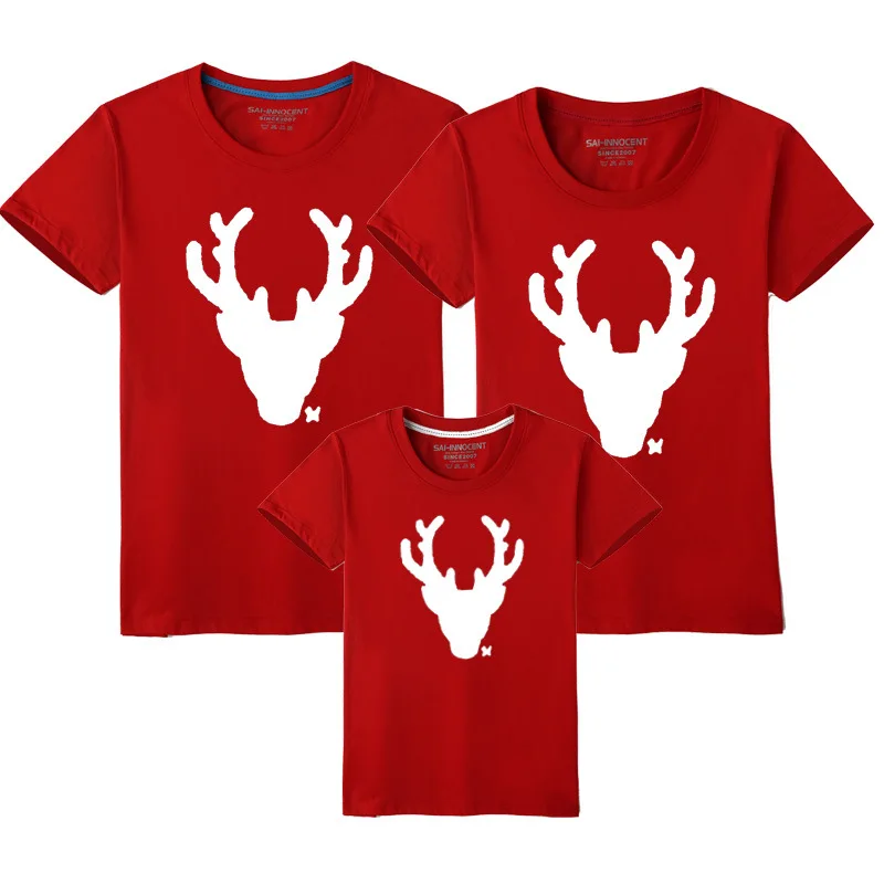 Regalo de Año Nuevo Ropa familiar a juego para Navidad Camisetas de manga corta para madre e hija Camisetas con estampado de reno y alce navideños Top rojo