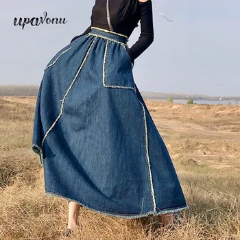 

Elegant Women's Loose Skirt High Waist Pocket Fashion Tassel Edge A-line Denim Skirt Long Vacation Women's Casual Wear 2020 New
