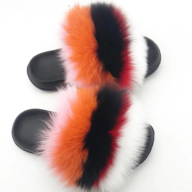 

Women striped true fox fur sandals ladies fashion furry slippers girls holiday banquet fluffy fur slides casual home slippers
