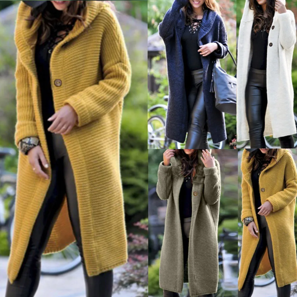 Hooded Cashmere Long Cardigan Women Long Sleeve Winter Sweater Knitted Female Woman Sweater Pocket Cardigan Feminino Coat