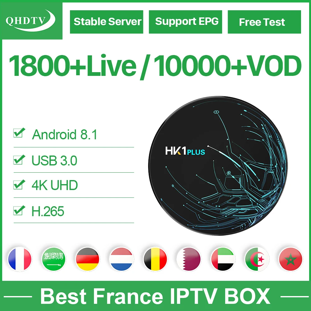 

HK1 PLUS Android 8.1 Box France Arabic IPTV S905X2 with 1 Year QHDTV Subscription Netherlands Belgium HK1 PLUS Set up Box