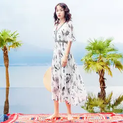 Богемное шифоновое платье в этническом стиле с цветочным принтом для похудения с v-образным вырезом, приталенный пляжный праздник, длинные