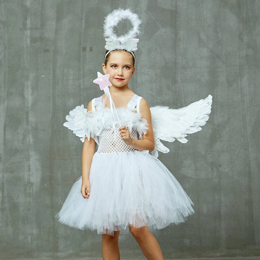 White Angel Girls Feather Tutu Dress Kids Halloween Birthday Party Costume Girl Christmas Nativity Dress with Wings Halo Outfit (14)