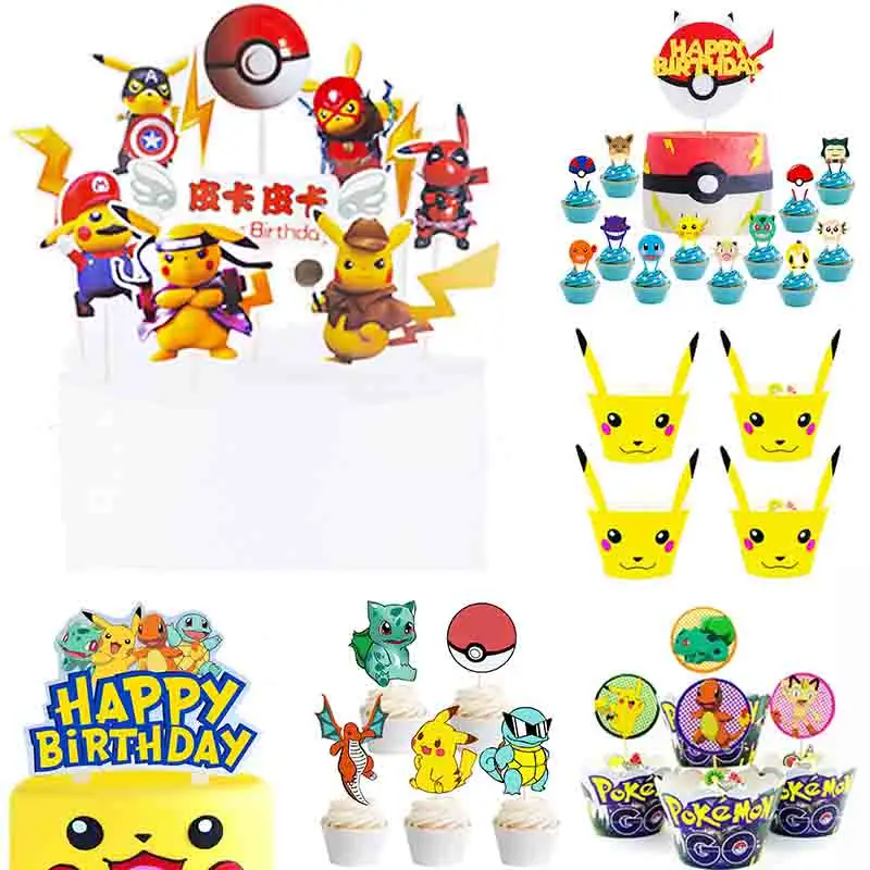 Покемон для украшения торта с днем рождения покебол Pikachu кекс вставка флаг торт