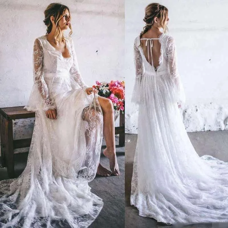 Boho пляжные свадебные платья кружевные длинные расклешенные Свадебные платья без рукавов с v-образным вырезом без спинки высокого качества Vestido De Noiva