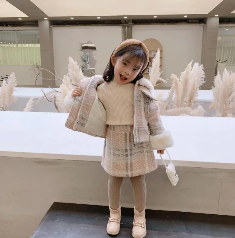 

Girls elegant princess thicken sets winter new plaid warm coats + mini skirts 2pcs suits kids clothes sets 2-8Y ws1321