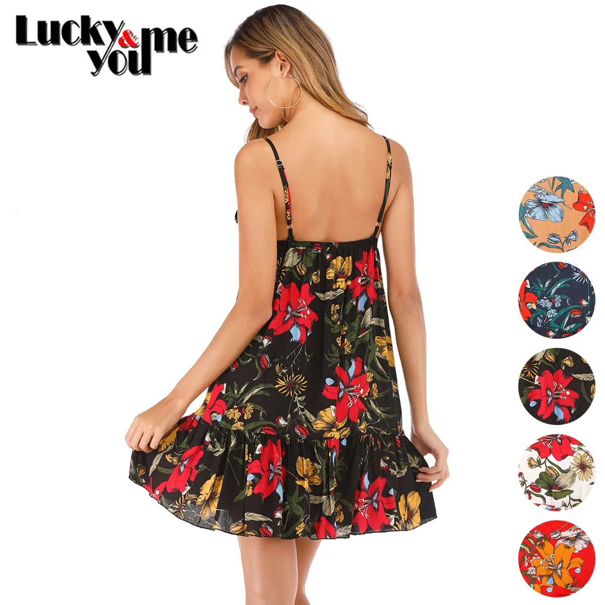 

New Arrive 2020 Womens Summer Sexy Casual Printed Floral Sling Backless Dresses Girls Street Beach Wear Thin Empire Mini Dresses