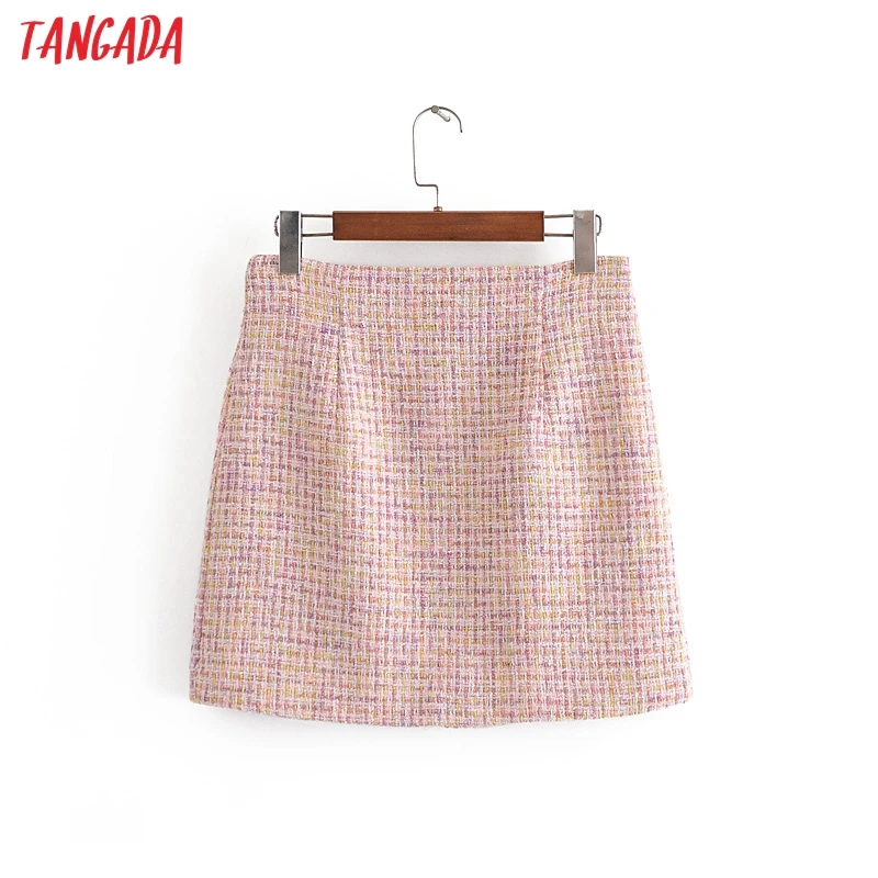 Tangada 2020 autumn winter women plaid tweed skirts faldas mujer back zipper female pink mini skirt 3H263 Tangada 2020 autumn winter women plaid tweed skirts faldas mujer back zipper female pink mini skirt 3H263