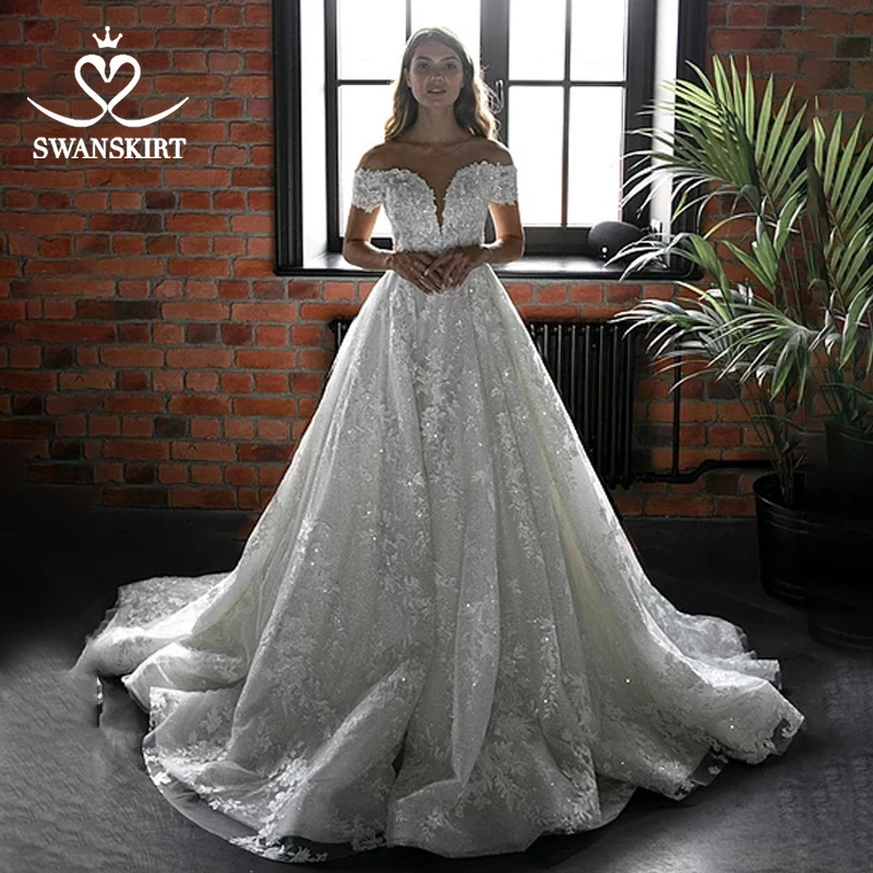 

Stunning Appliques Wedding Dress Swanskirt HZ24 Off Shoulder A-Line Sequin Lace Princess Bridal Gown Customized Vestido de novia