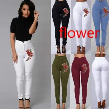 

Embroidery Flower Skinny Jeans Woman Black High Waist Render Jeans Vintage Sexy Long Pants Femme Casual Pencil Pants Denim Jeans