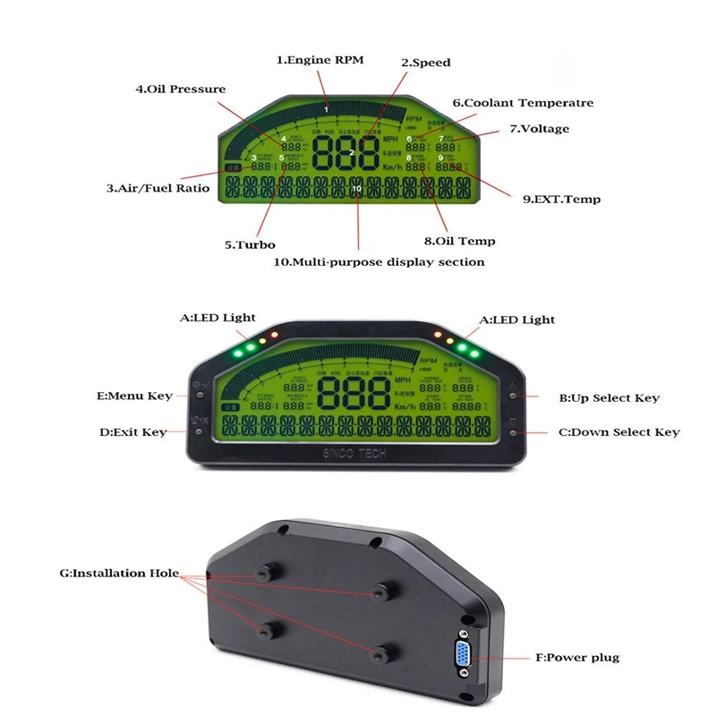 12V Universal Multifunctional Car Race Dash Dashboard LCD Display Rally Gauge Meter Sensor Kit for Rally Car DO908