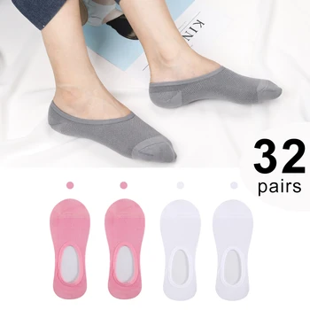 

32Pairs/Set Women Silicone Non-slip Invisible Socks Summer Solid Color Mesh Ankle Boat Socks Female Cotton Slipper No Show Socks