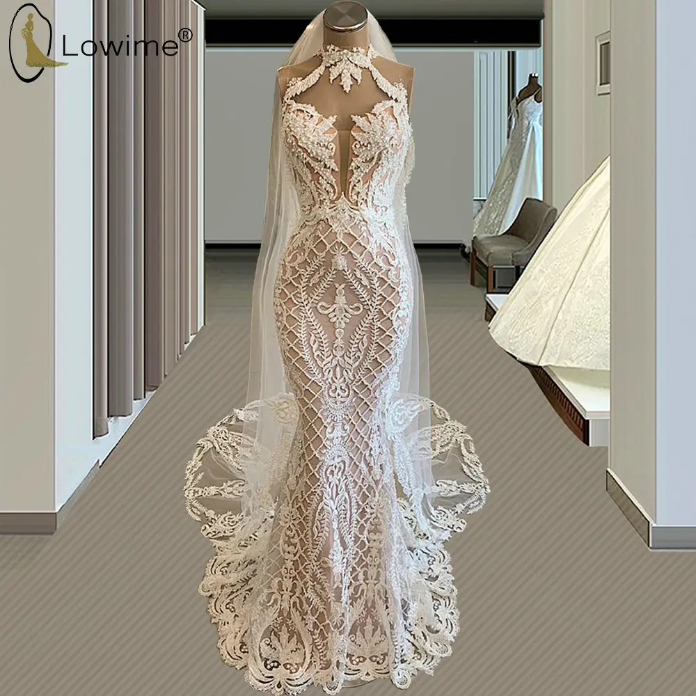 White/IvoryGorgeous Lace Appliques Mermaid Wedding DressFeather Bridal Gown 