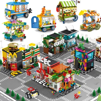 

City Street View Mininature Compatible Food Shop Retail Store Cafe Restaurant Architecture House Building Blocks toys