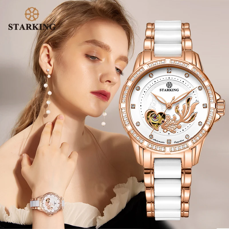 Clock Wrist-Watch Timepieces STARKING Automatic Ceramic Female Womens Steel Waterproof