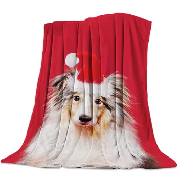 

The Dog In The Red Santa Hat Coral Fleece Fuzzy Blankets on Bed Throws Bedsheet for Kids Girls