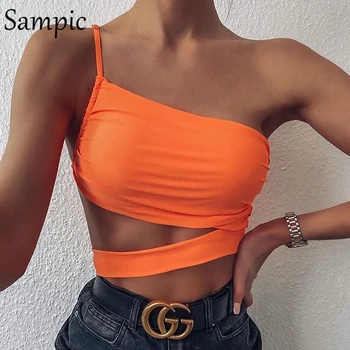 

Sampic sexy one shoulder summer strap casual crop tops women black sleeveless hollow out off shoulder party club tank top camis