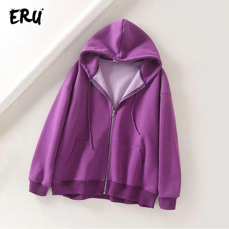 Purple ERU черная повседневная толстовка на молнии для женщин зима с длинным рукавом негабаритных толстовки уличная хлопковая Свободная Толстовка mujer - Цвет: Purple
