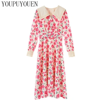 

Korean Elegant Floral Dress 2020 Spring Summer Long Sleeve Midi Women A Line Vintage Dresses Fashion Ladies Casual Beach Clothes