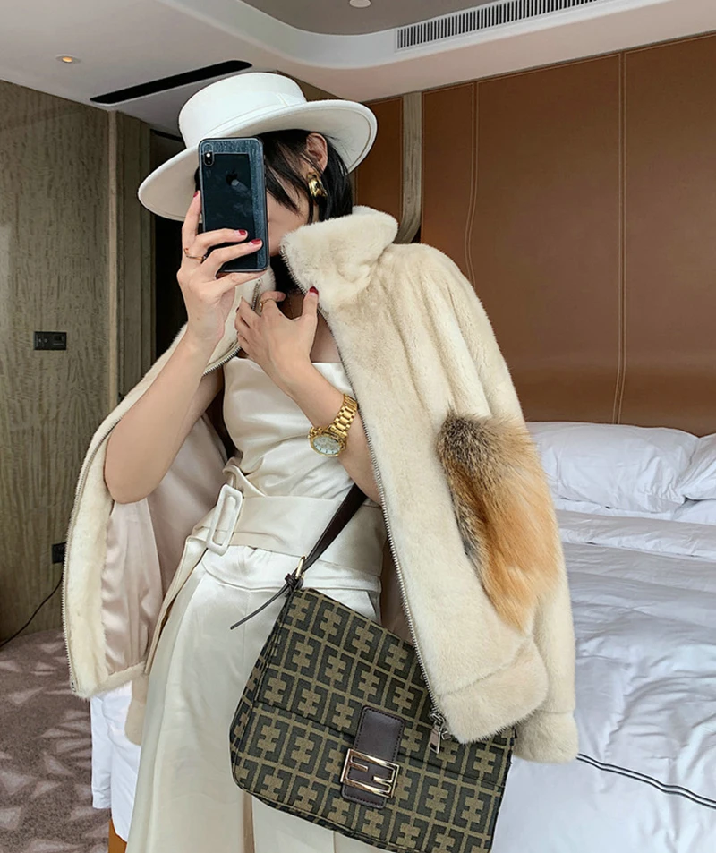 Fang Tai Fur2019 зимние Бархатные норковые меховые пальто для женщин с золотым островом лисы карман норковая шуба женские короткие пальто из натурального меха