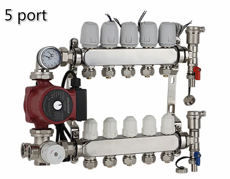 Underfloor Heating Manifold 5 Port & Rated Pump Electric thermal actuator DN25 for 1/2 pex |
